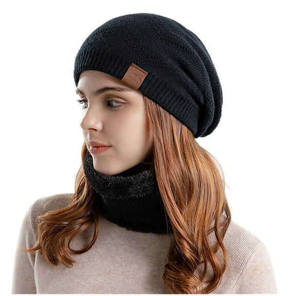 qolati 2Pcs Winter Knitted Beanie Hat Scarf Set Women Men Fleece Lined Skull Cap Hat Neck Warmer 2 in 1 Set Soft Warm Knit Slouchy Cap