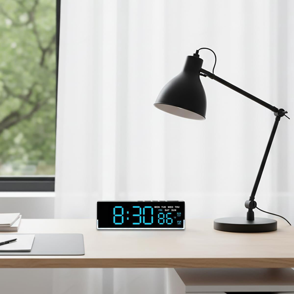 7-Inch LED Digital Alarm Clock with Bottom Glow Light｜Displays Time, Date, Day, Temperature｜Dual Alarms, DST, Auto/Manual 3-Level Brightness, Battery or USB Powered Desk Clock,Blue