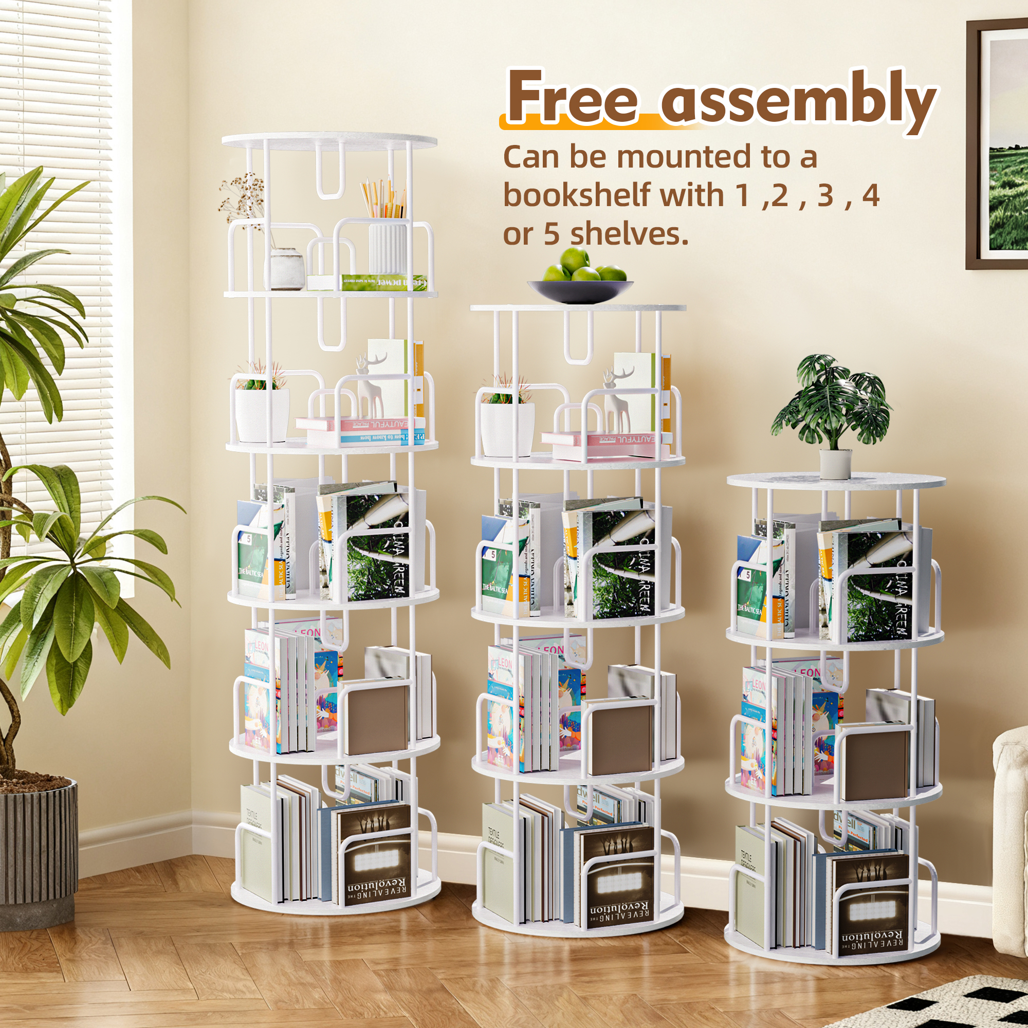 Leumius 5 Tier Rotating Bookshelf, Revolving 360 Book Shelf Narrow Tall Bookcase, Vertical Turning Round Storage Bookshelf for Bedroom, Living Room White