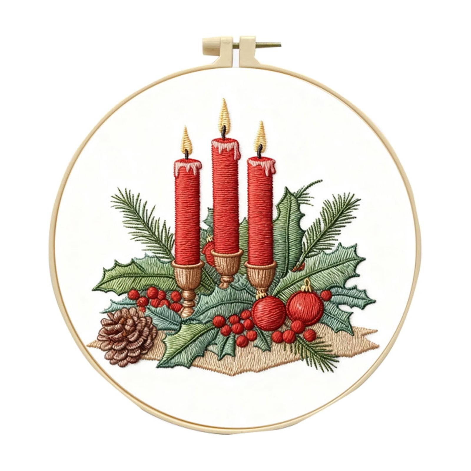 Christmas Embroidery Kit Adults DIY Needlepoint Set Hoop Fabric Thread Needles Candle Holiday Pattern Craft Accessory