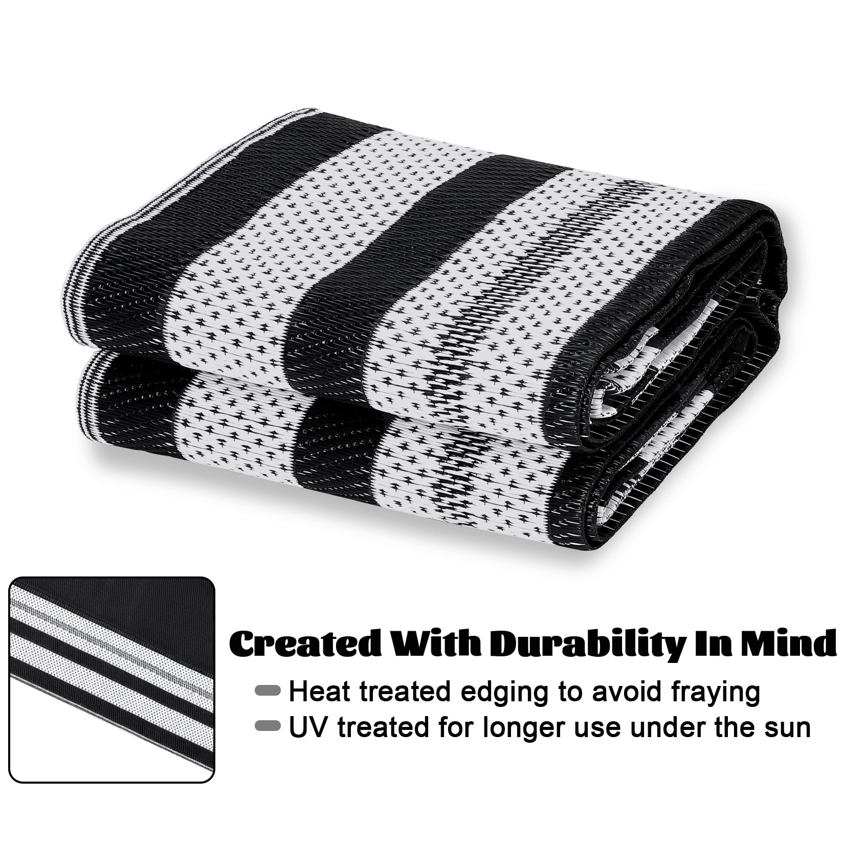 Gavee 10'x14' Waterproof Outdoor Rug, Reversible Patio Area Rug Indoor Outdoor Carpet, Plastic Modern Geometric Carpet for RV Camping Deck Balcony, Porch, Picnic, with Storage Bag, Black and White
