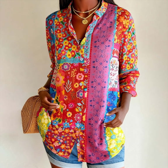 Women's Business Casual Tops 3/4 Sleeve Button Down Floral Print Shirts Lapel Collared Dressy Fashion Work Blouses