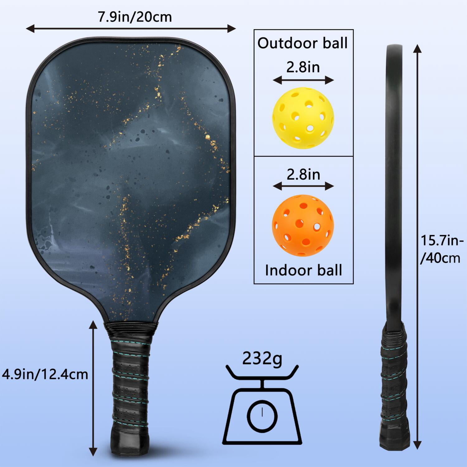 Pickleball Paddles Set Of 1, Fiberglass Surface, Turquoise Marble Pattern, 1 Paddle, 2 Balls & Bag