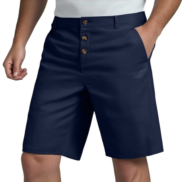 Pantalones cortos de lino con botones para hombre: cintura elástica, cordón, poliéster transpirable, pierna recta, tallas S-XXXL para primavera/verano
