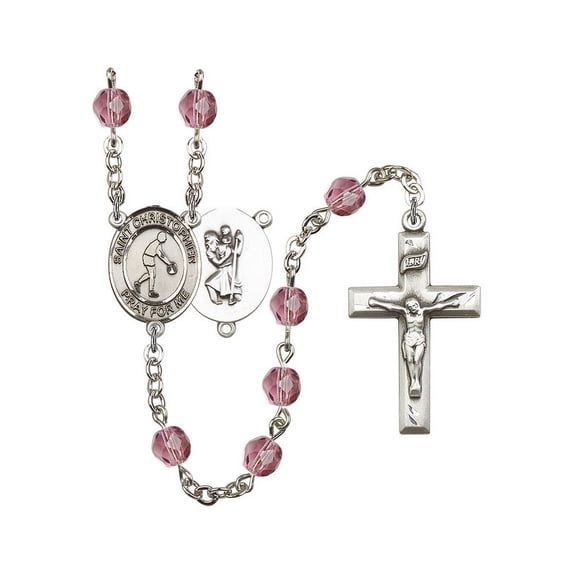 St. Christopher/Basketball Silver-Plated Rosary 6mm February Purple Fire Polished Beads Crucifix Size 1 3/8 x 3/4 medal charm