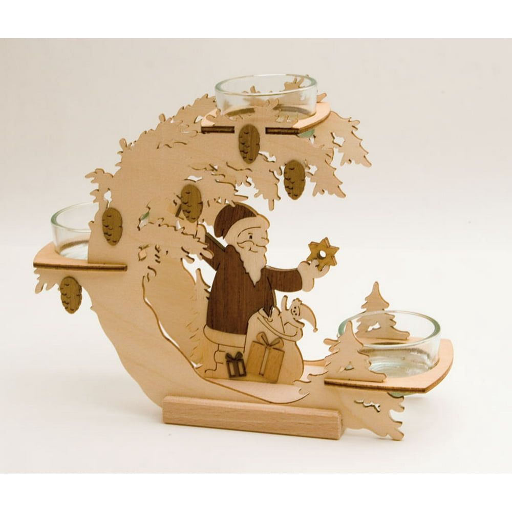 Santa with Presents Wooden German Christmas Candle Holder Made in