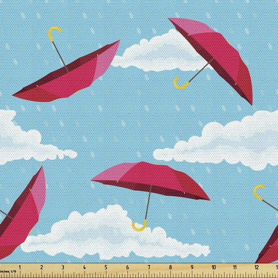 Umbrella Fabric by the Yard Upholstery, Illustration of Clouds Rainy Weather Raindrops Sky High Daytime Elements, Decorative Fabric for DIY and Home Accents, Dark Pink and Blue by Ambesonne