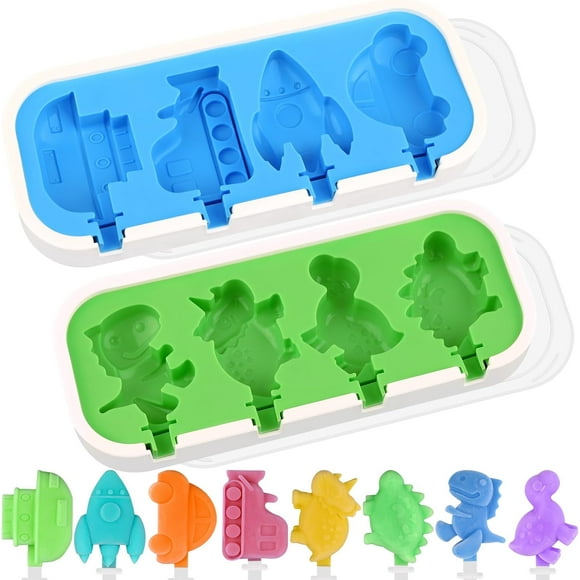 Sakolla 2 Pack Silicone Popsicle Molds with Lid, Mini Popsicle Molds for Kids - Cars, Ships, Train, Rocket and Dino Shapes (Green & Blue)