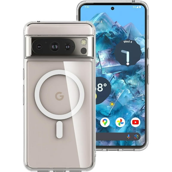 Magnetic Case for Google Pixel 8 Pro, Clear Hard Back   TPU Bumper Shockproof Phone Cover with Built-in Magnet for Pixel 8 Pro - Transparent