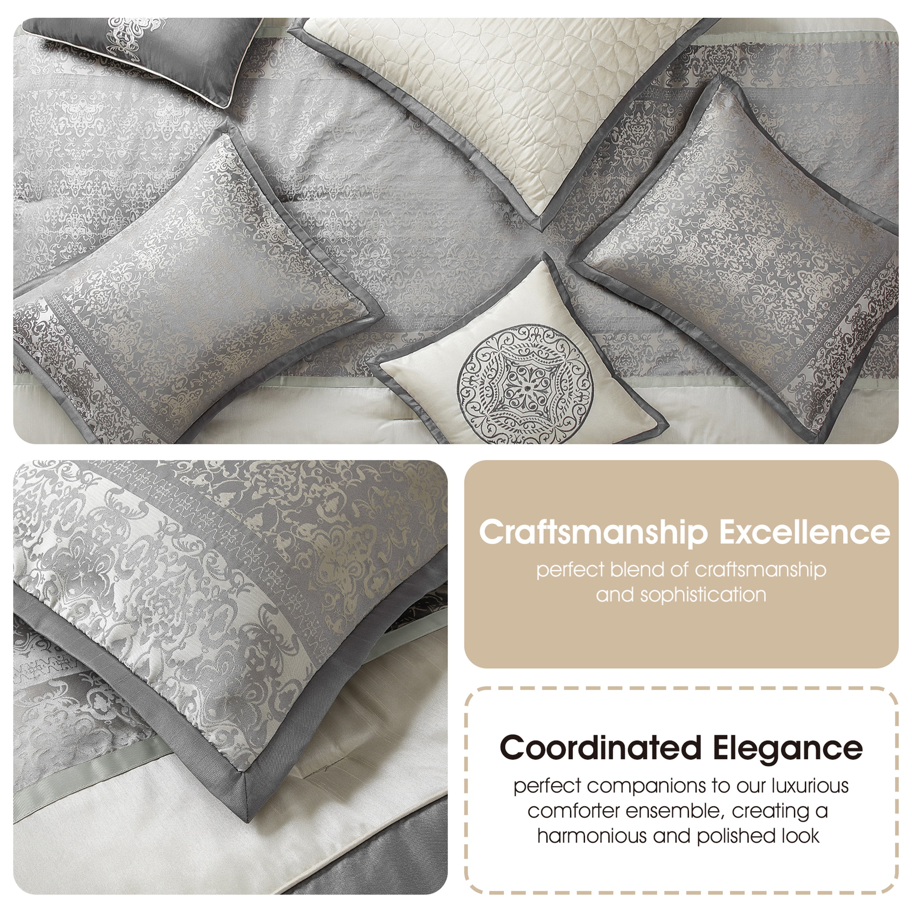 Lanco Damask 8 Piece Comforter Set, Silver/Ivory, King, Fill Polyester, Patchwork
