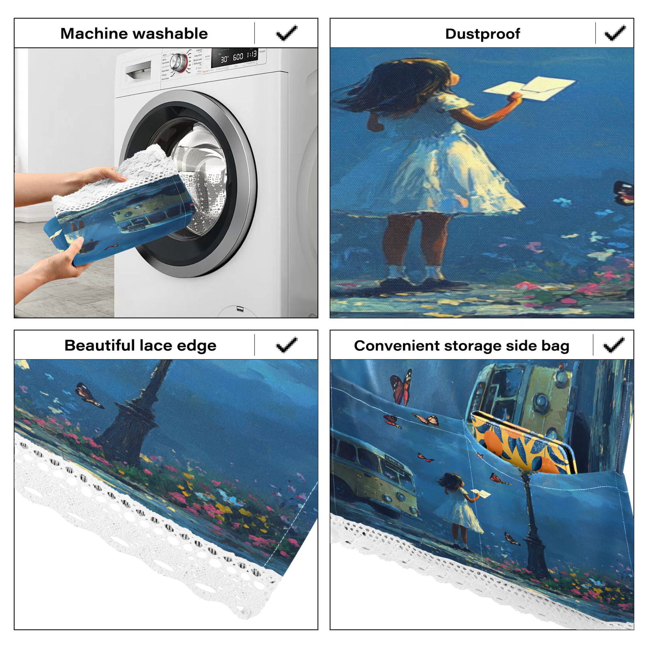 Washing Machine Cover 51.2x22in, Durable Polyester Dust Cover with Lace Trim and Side Pocket for Appliances Reading under The Streetlight
