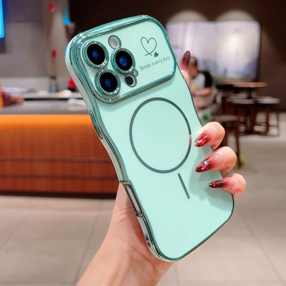 for iPhone 14 Case Magnetic,for Women Girls Soft Cute Wave Frame Curly Shape Love Heart Luxury Plating Phone Case Compatible with MagSafe Shockproof Slim Back Cover,Green