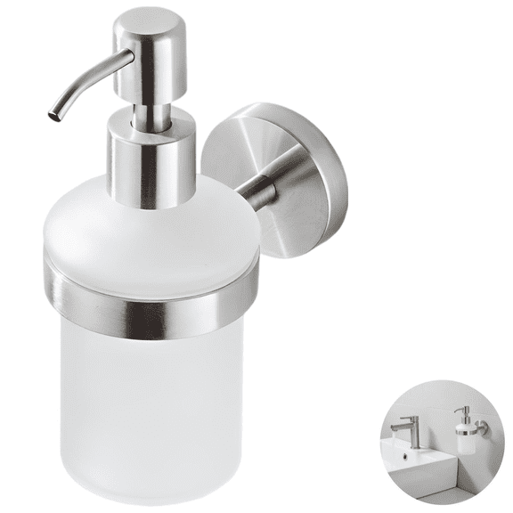 Wall Mount Hand Soap Dispenser, 6.8 oz / 200 ml Stainless Steel Glass Pump Bottle, Rustproof Brushed Silver Dish Soap Dispenser for Kitchen Bathroom, Refillable Shampoo Shower Gel Dispenser