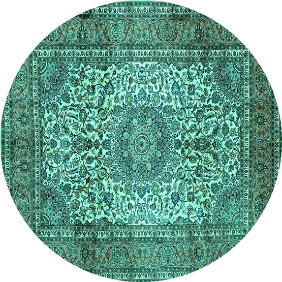 Ahgly Company Machine Washable Indoor Round Medallion Turquoise Blue Traditional Area Rugs, 8' Round