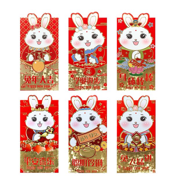 Farfi, 6 uds., paquete rojo, diseño de estilo de Año nuevo, palabras de bendición espesantes, suministros para Festival del Año del conejo chino 2023
