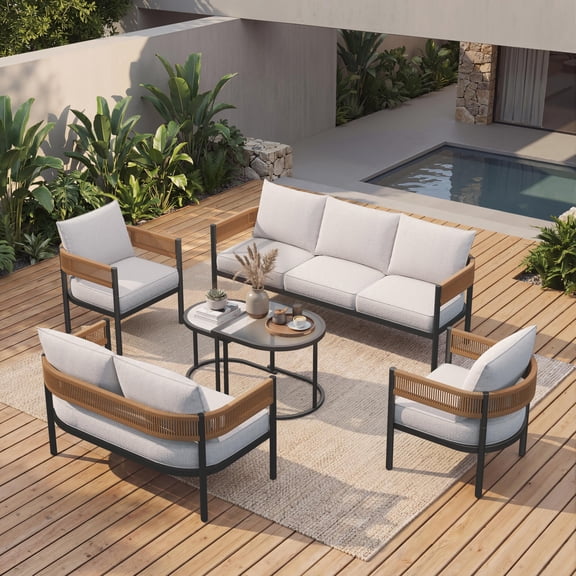EVERITE 7-Person Patio Furniture Set,Outdoor Wicker Sofa Conversation Set with Removable Cushions and Tables for Backyard Balcony Lawn Pool,Natural