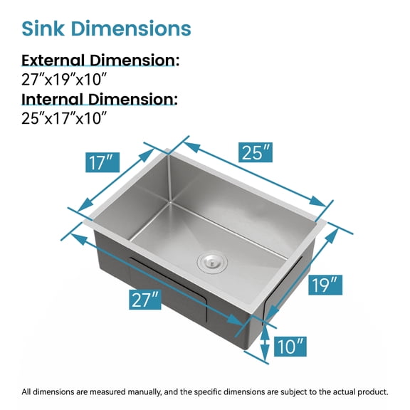 Boyuevi Stainless Steel Kitchen Sink, 27″x19″ Single Bowl, Undermount Handmade Sink in Brushed Nickel, with US Standard Drain and Hook, LS-SSBR06