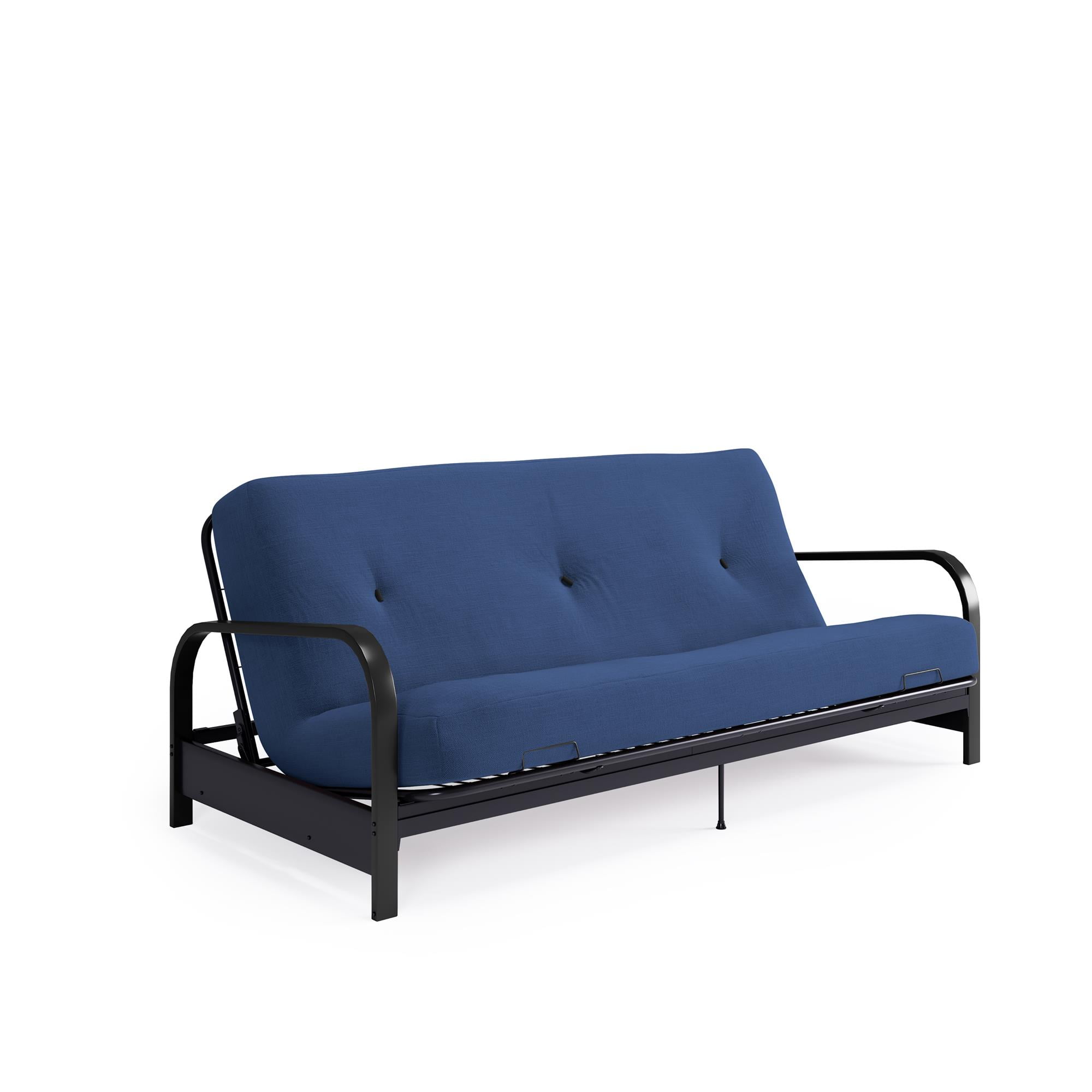 DHP Cleo Black Metal Arm Full Size Futon Frame with 6” Blue Mattress