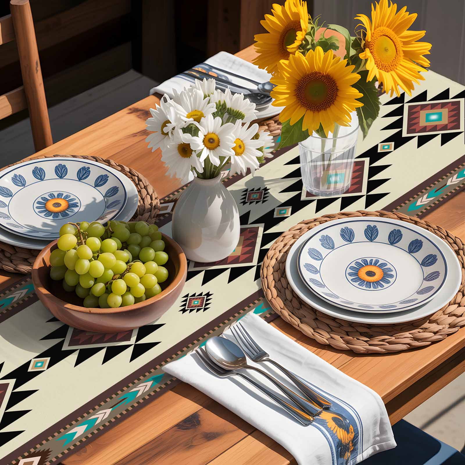 Brown Aztec Ethnic Art Table Runner 90 Inches Long, Retro Tribal Brown Texture Table Runners Tabletop Scarf Kitchen Dining Tables Decoration for Home Party Indoor Outdoor