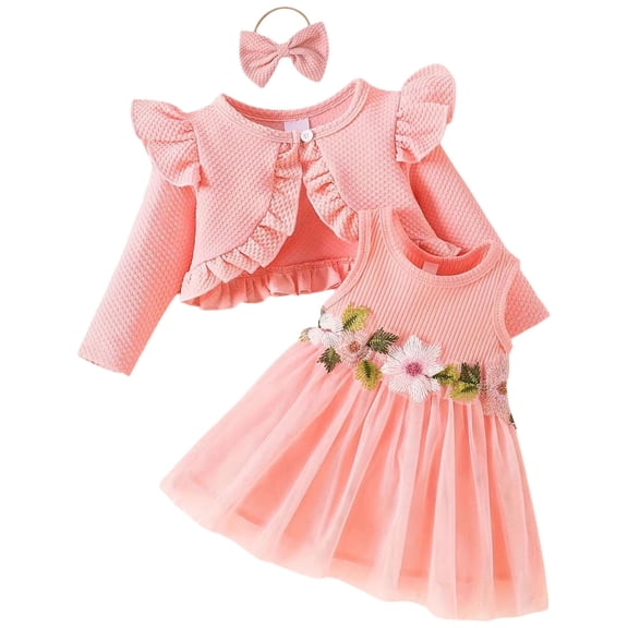 Mnyotv Baby Girl Tutu Dress with Cardigan Headband 3Pcs Set Floral Mesh Dresses Birthday Outfits for Girls Size 6-9Months