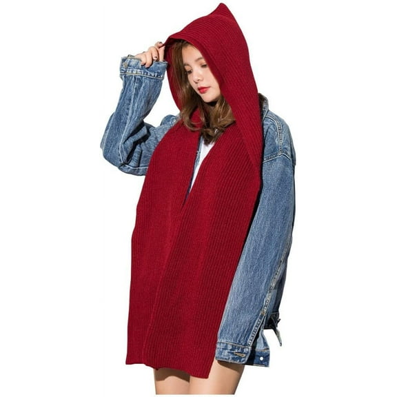 Women Winter 3 in 1 Hooded Hat Scarf Wrap Shawl Crochet Knit Pullover Neckwarmer (claret)