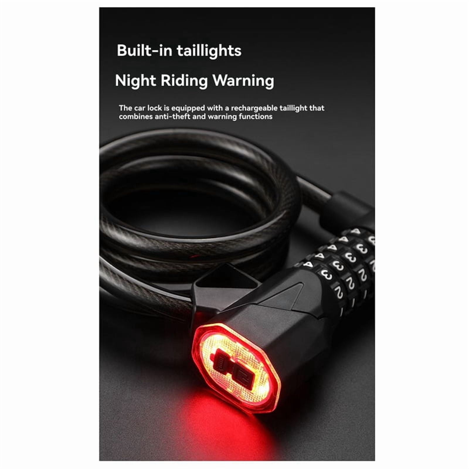 Bicycle Lock with Light 5 Digit Security Password Bike Lock Steel Cable Chain Anti-Theft Lock for Road Bike Black,1 x Bicycle Lock with Light,Black