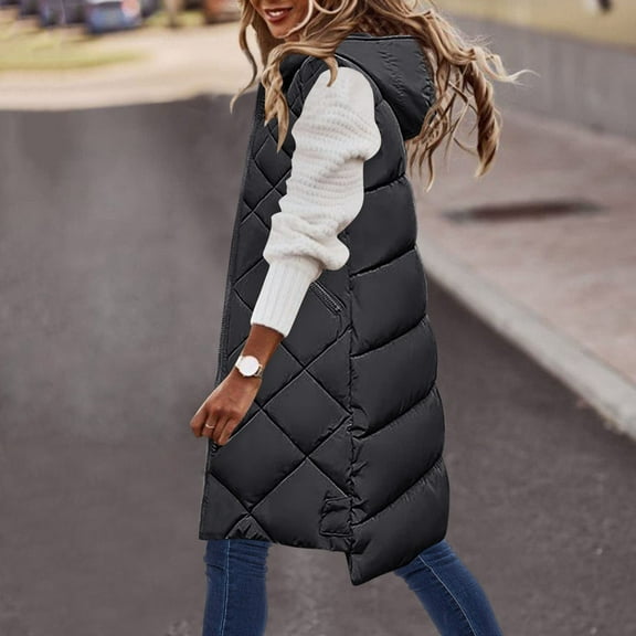 Feancey Womens Puffer Vest Long,Fall Winter Casual Full Zip Down Vests Jacket for Women Sleeveless Hooded Warm Padded Coat with Pockets