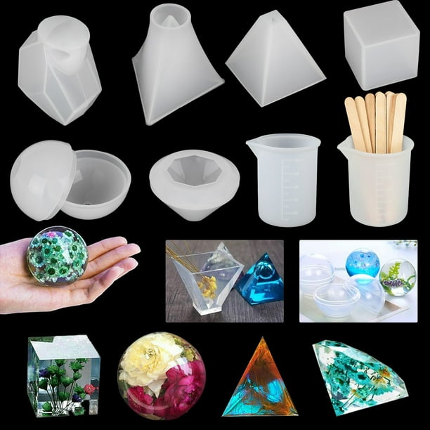 18pcs Diy Silicone Resin Casting Molds Tools Set Eeekit For Jewelry Craft Including Cube Pyramid Sphere Diamond Stone Mold With Cups Wood Sticks Com - Diy Resin Casting Mold