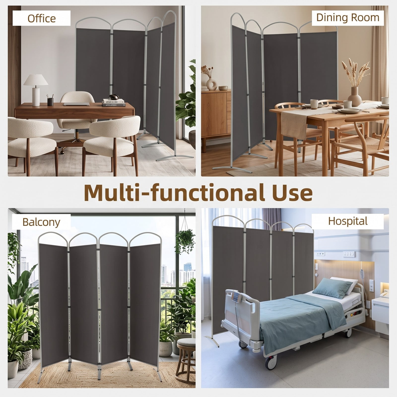 ALPULON 6.2Ft Folding 4-Panel Room Divider Freestanding Privacy Screen Partition for Home Office Living Room Bedroom, Polyester Fabric with Metal Base, Gray
