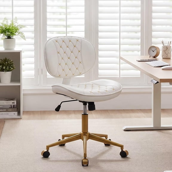 Ninecer White and Gold Office Chair Armless, Small Computer Desk Chair No Arms with Wheels, Lumbar Support, Adjustable Height for Home Office