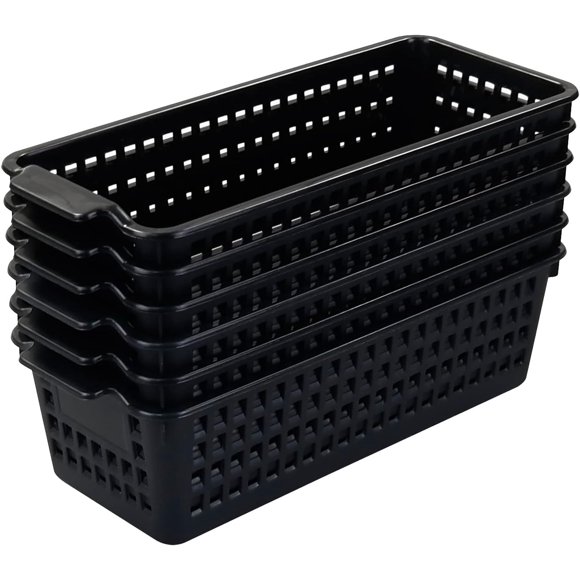 Jandson 6 Pack Slim Desktop Storage Basket, Black Plastic Storage Bin