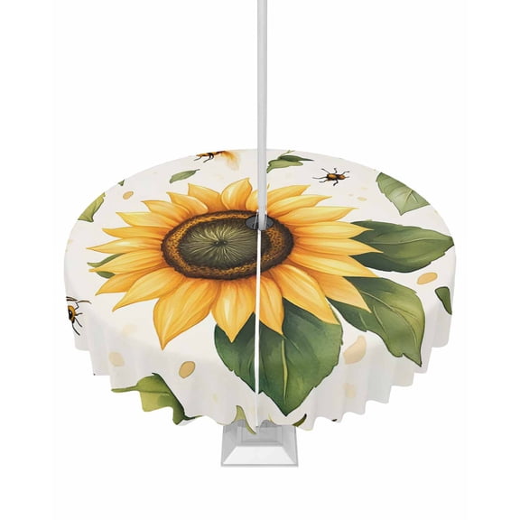 Boanket Outdoor Tablecloth with Umbrella Hole for Patio/Picnic/Party/Camping, Sunflower Waterproof Table Cloth Round Cover Washable, Pastoral Flowers Watercolor Spring Leaves (Dia 54")