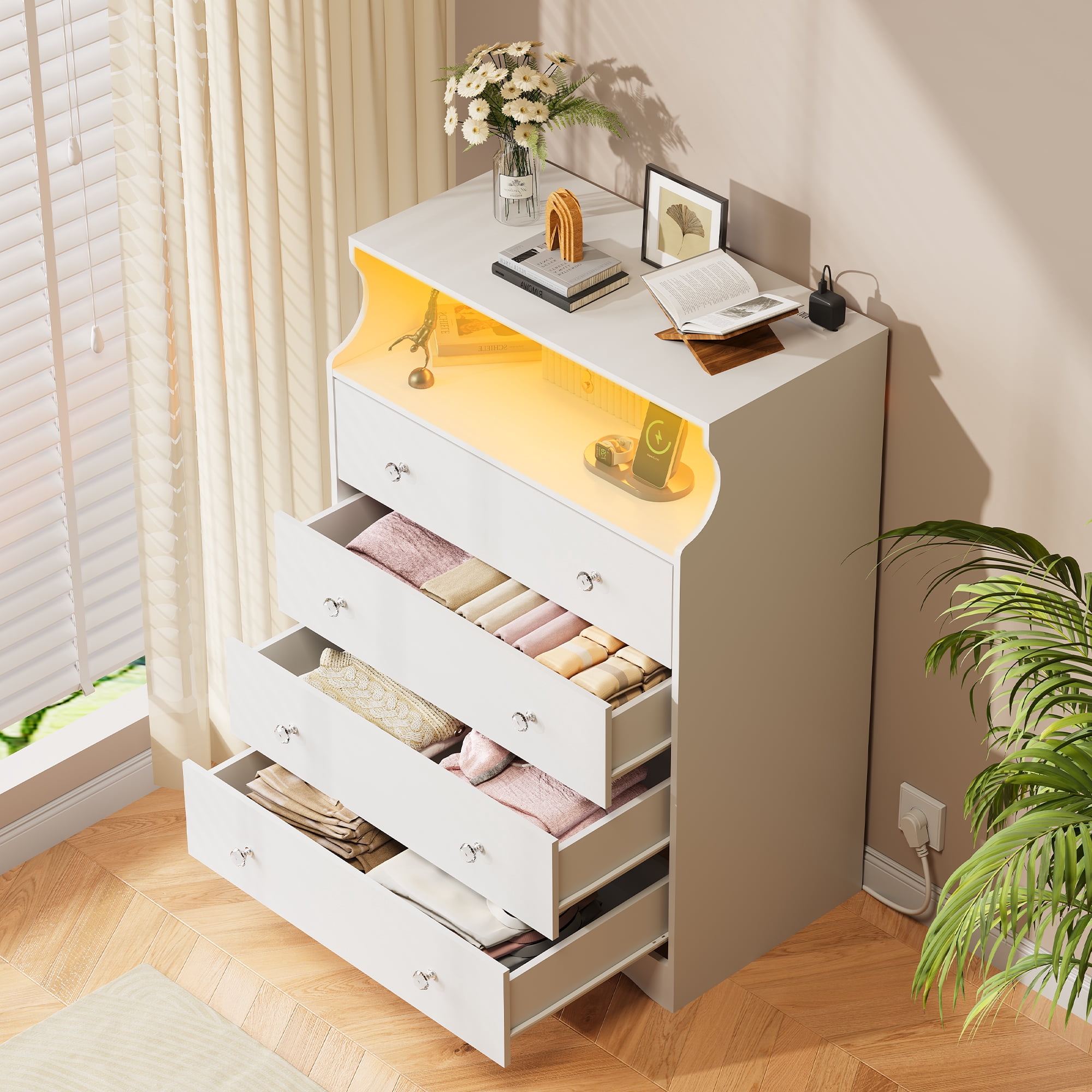 GALAXHERO 4 Drawers Dresser for Bedroom, Tall White Dressers with  LED Open Shelf, Modern Chest of Drawers with Charging Station, Wood Closet Clothes Organizer Storage Cabinet