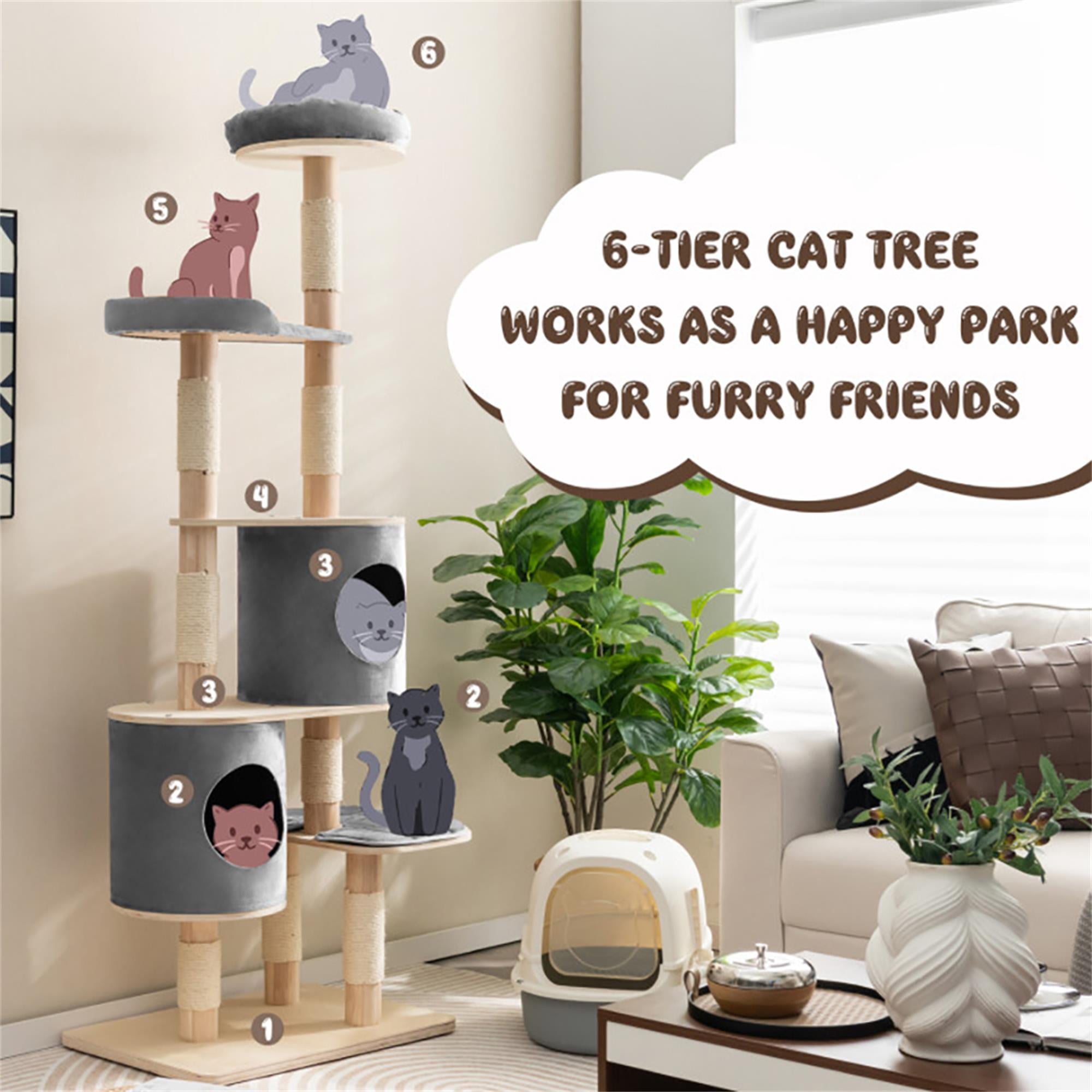 Kadyn 75" Wood Cat Tree Tower for Indoor Cats, Multi-Level Cat Condo with Scratching Posts, Perch, Washable Removable Cushions, Cat Furniture, Gray