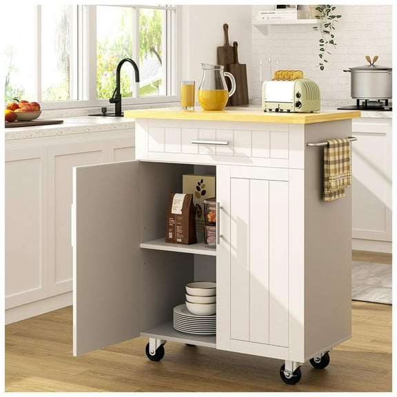 Open Box SUNLEI Island Cart on Wheels, Drawer & Storage Cabinet, 26" Wide