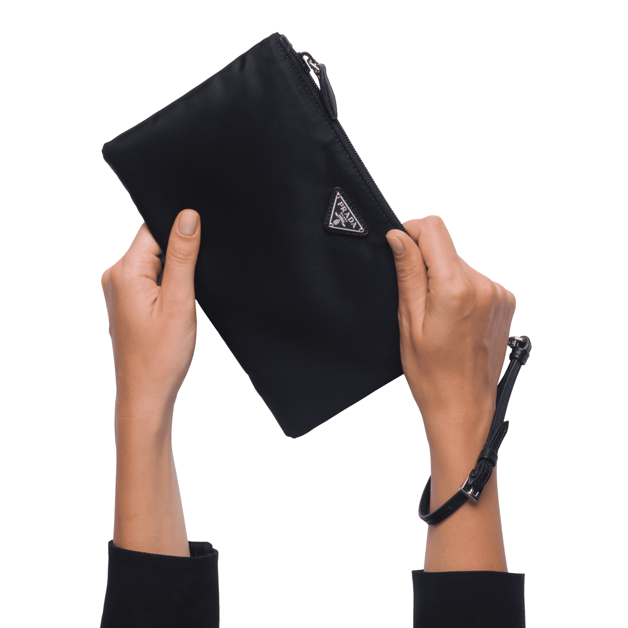 New Prada Tessuto Nylon Wristlet Clutch Pouch Black Triangle Logo