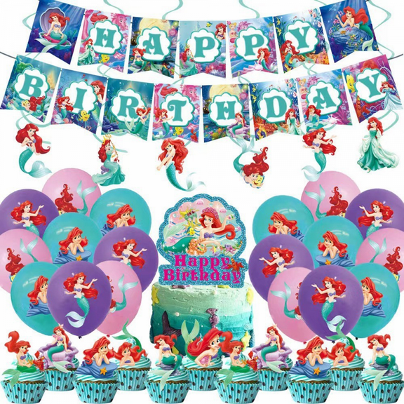 ZOOUSQII Mermaid Birthday Party Supplies, Party Decorations Set Include Plates Napkins Banner Balloons Cake Toppers Tableware Party Supplies for Boys Girls Birthday Party PD221-189