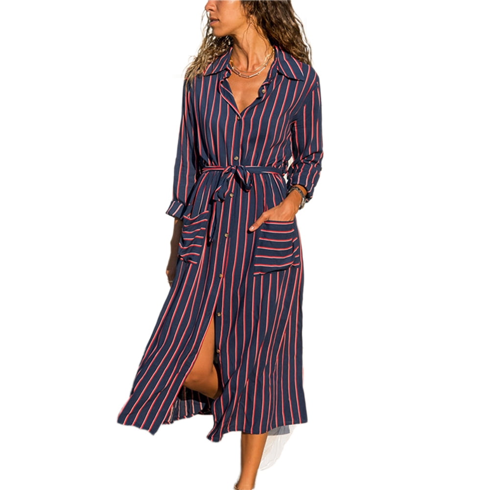 Split Belted Long Maxi Shirt Dress 