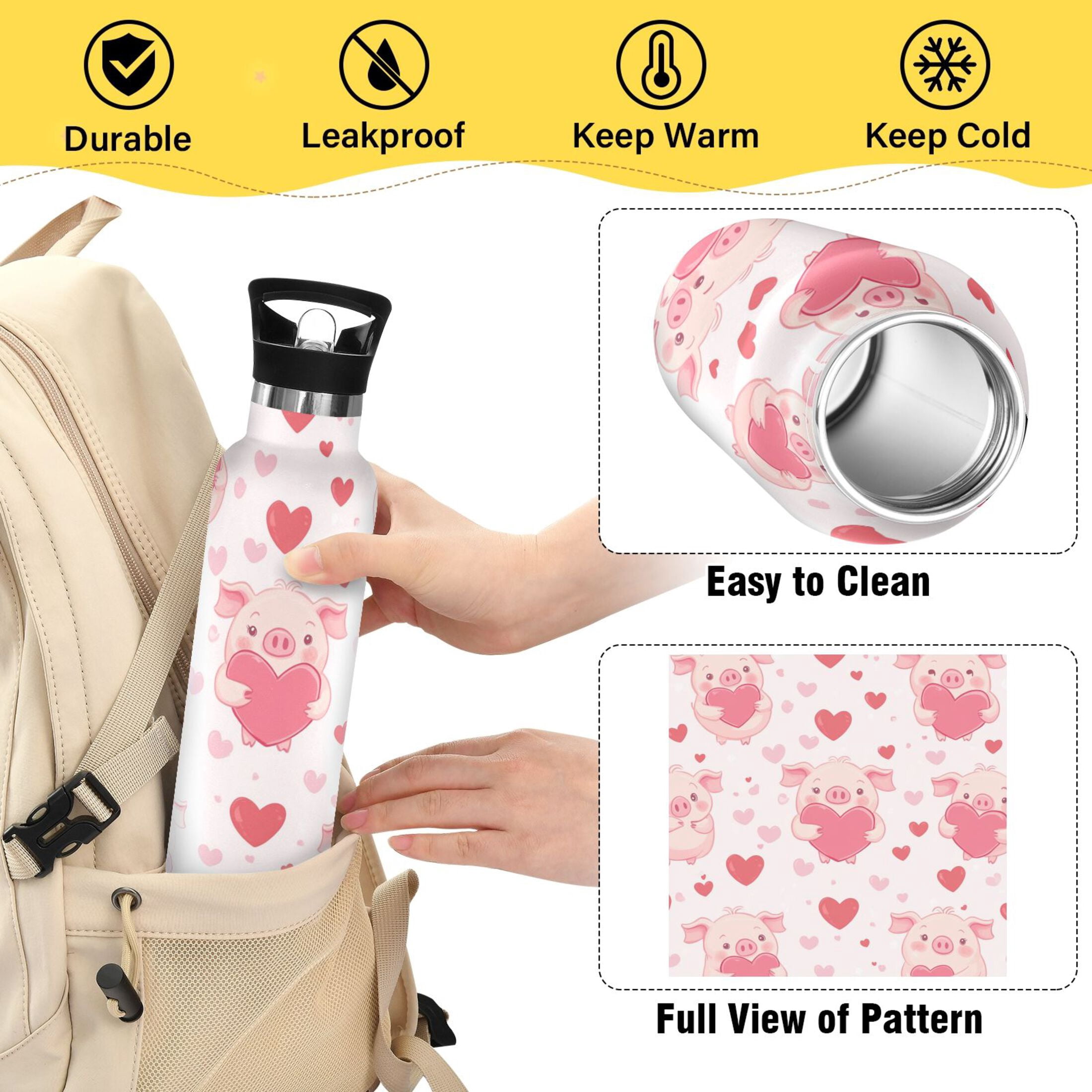 Kids Insulated Stainless Steel Sports Water Bottle 600ml (20oz) Pink Cute Pigs