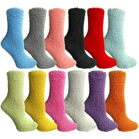 Excell Womens Fuzzy Socks (12 Pairs) Soft Warm Winter Comfort Socks Multicolor, Solid Fuzzy C, (Best Women's Fuzzy Socks)