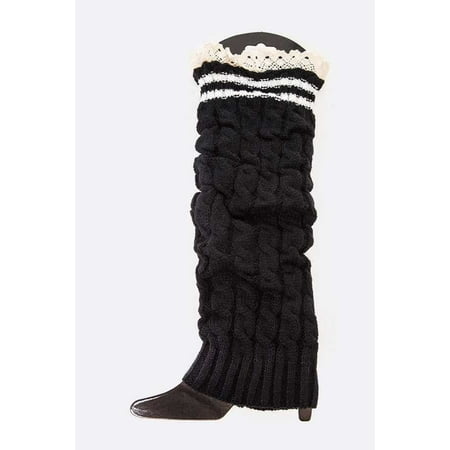 

Cable Knit Lace Trim Leg Warmers Slouch Boot Sock BLACK