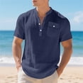 thumbnail image 2 of Rggeeun Men T-Shirts Solid Color Short Sleeve V Neck With Front Buttons & Pocket Trim Pleated Loose Fit For Summer Daily Wear Trendy Tee,Navy,M, 2 of 8