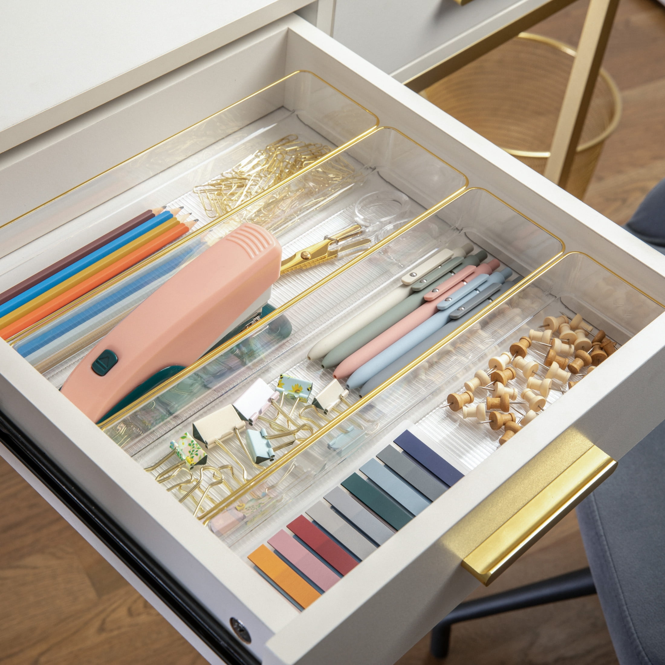 Martha Stewart Kerry 8 Pack Plastic Stackable Office Desk Drawer Organizers with Gold Trim, 9" x 3"