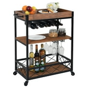 Nsdirect 3 Tier Rolling Bar Serving Cart for Home, Mobile Kitchen Serving Trolley Cart with Wheels, Wine Rack, Glass Holder, Removable Tray and Handles, Brown