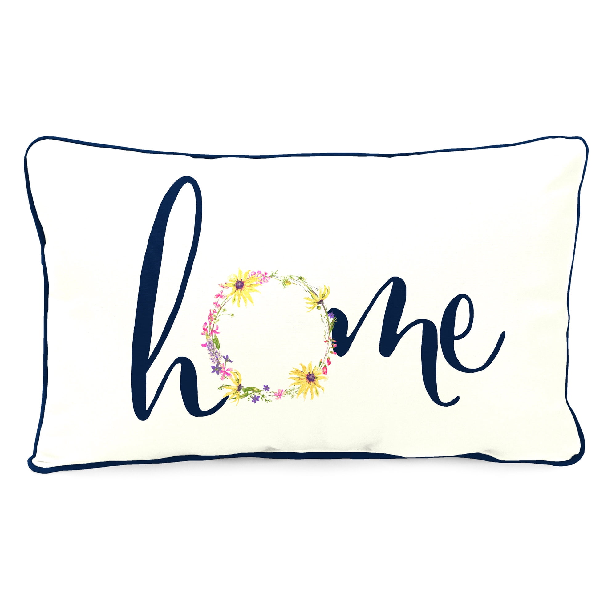 Mainstays Home Flower Wreath Reversible Outdoor Throw Pillow, 12" x 16", White Novelty and Navy Solid