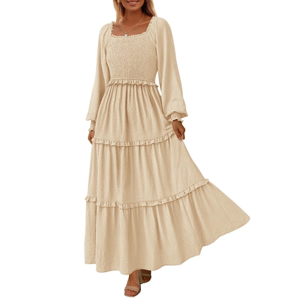 Vestido PRETTYGARDEN Maxi Beige con Escote Cuadrado y Fruncido en Tela Swiss Dot Talla S