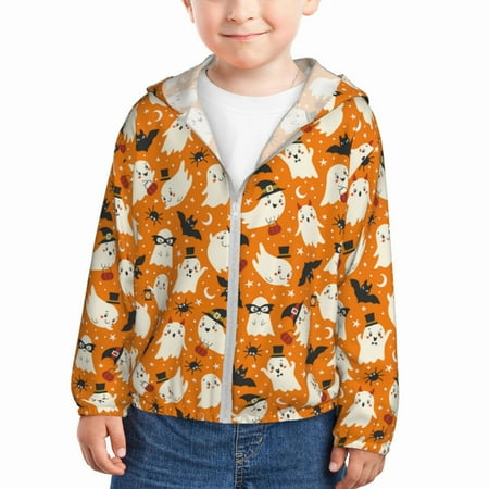 

Qekee Cute Ghosts Print UPF 50+ Kids Sun-Protective Hooded Long Sleeve Rash Guard for Fishing Water Beach Sports -4 Years