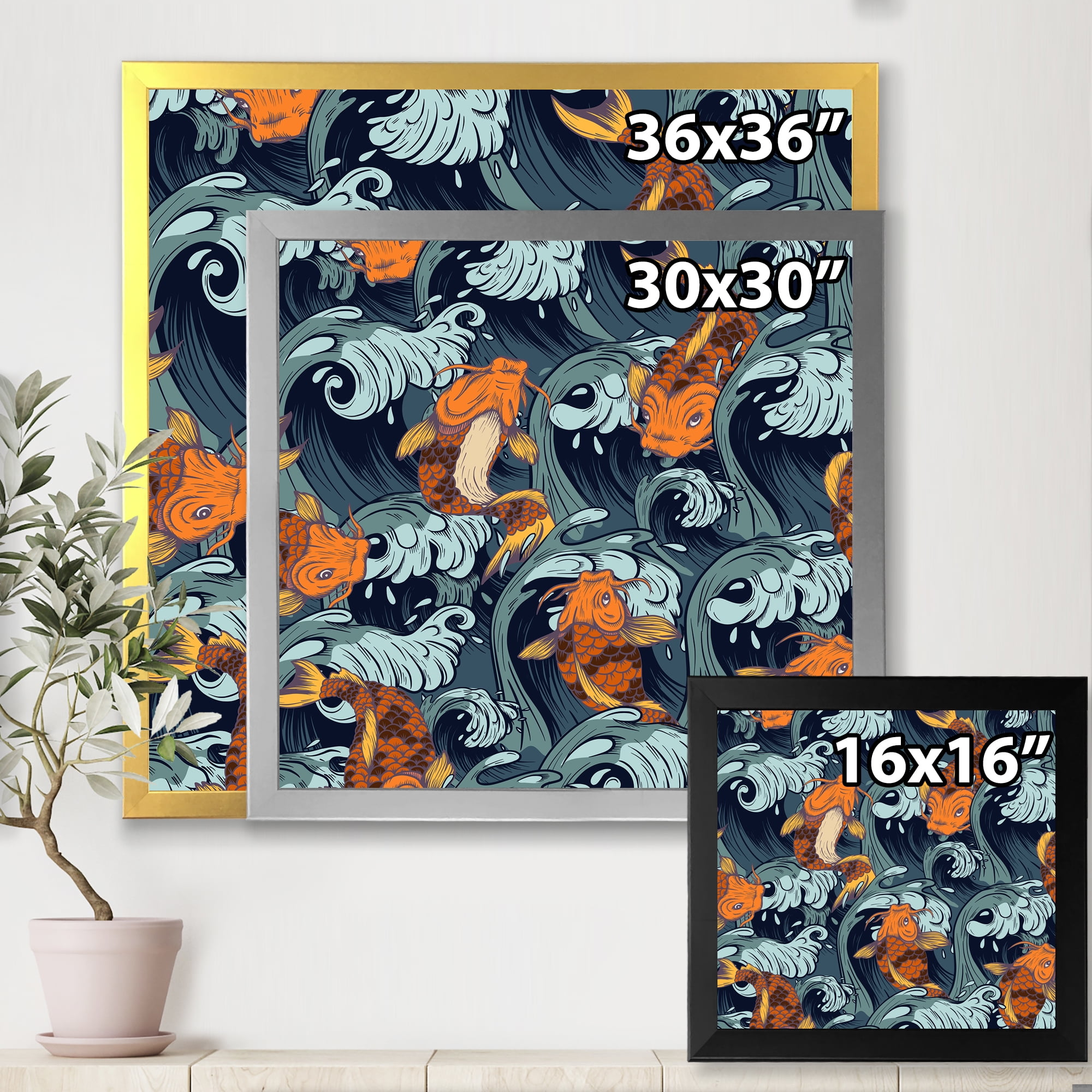Designart 'Japanese Koi Fish on Sea Waves' Nautical & Coastal Framed Art Print