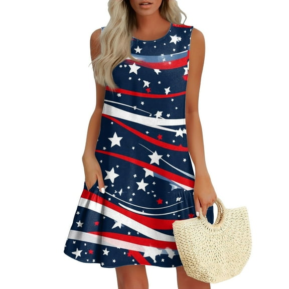 Women's Stylish Sundress, Sleeveless Round Neck Summer Dress with Independence Day Design, Perfect for Fireworks and BBQs,Deep Red L