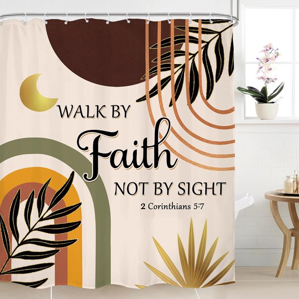 Cortina de ducha con versículos bíblicos bohemios, 60 x 72 pulgadas, diseño moderno de mediados de siglo, con citas abstractas de hojas doradas y marrones, decoración de baño, cortina de baño